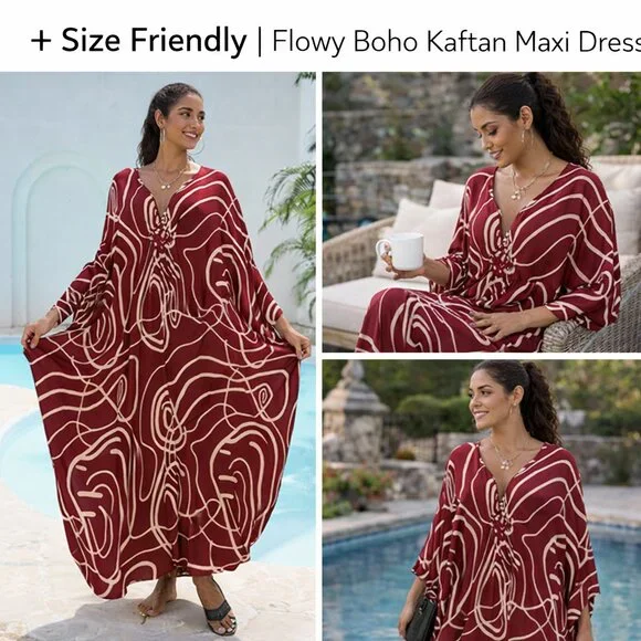 Flowy Boho Kaftan Maxi Dress | One Size | Beach, Lounge & Vacation Ready - Picture 5 of 6